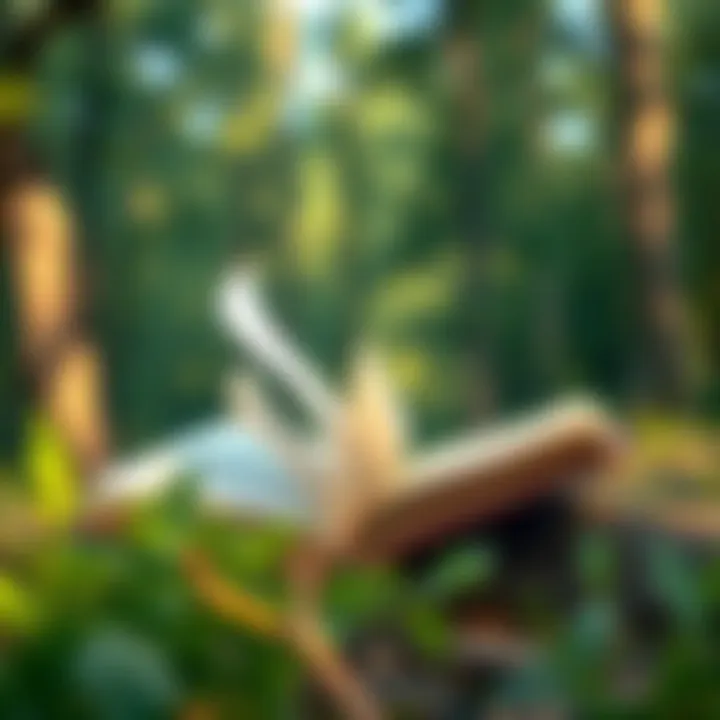 An open book with pages fluttering in a gentle breeze amidst a forest backdrop