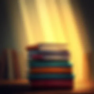 A stack of inspirational books surrounded by light