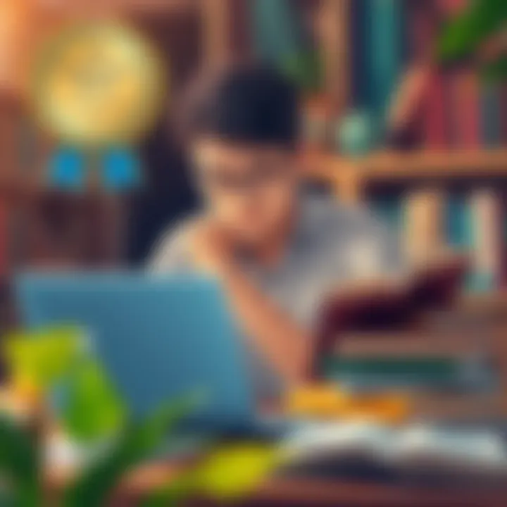 An illustration of a person reading with a laptop and books around