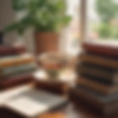 A cup of tea and a journal next to a stack of books