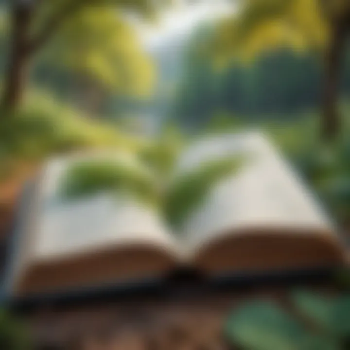 A close-up view of an open book with nature surrounding it.