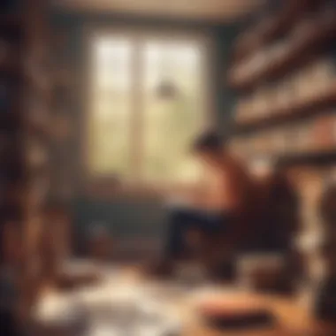 The Art of Introspection An individual deep in thought, surrounded by books, conveying the importance of introspection in writing.