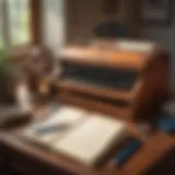 An author deeply engrossed in writing at a vintage wooden desk