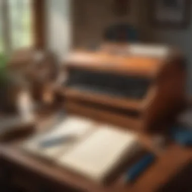 An author deeply engrossed in writing at a vintage wooden desk