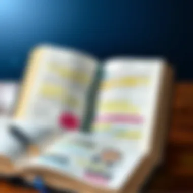 Key Leadership Insights An open book with highlighted passages and notes emphasizing key leadership principles