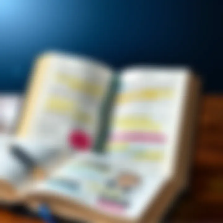 Key Leadership Insights An open book with highlighted passages and notes emphasizing key leadership principles