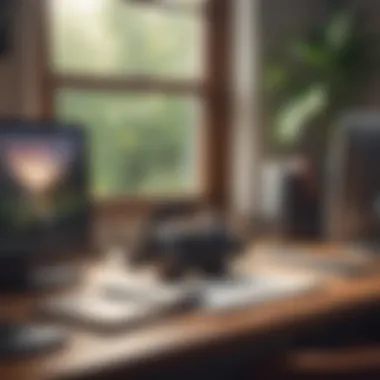 A cozy workspace setup featuring a computer and headphones for audiobook listening.