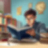 Illustration of a person analyzing a book