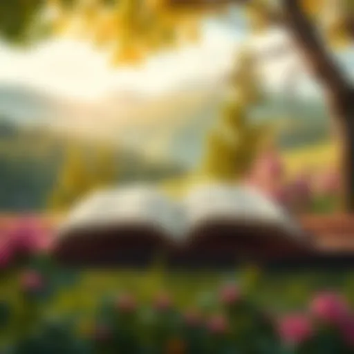 A serene landscape with an open book on a bench
