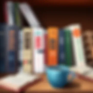 A Collection of Budget-Friendly Audiobooks An assortment of audiobooks displayed on a wooden shelf with a cup of coffee