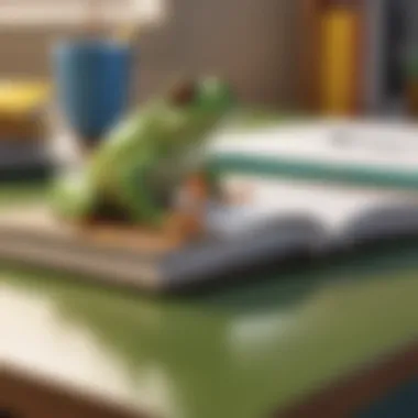 Symbol of the 'Eat That Frog' Philosophy A vibrant frog statue on a desk, representing the 'Eat That Frog' philosophy.