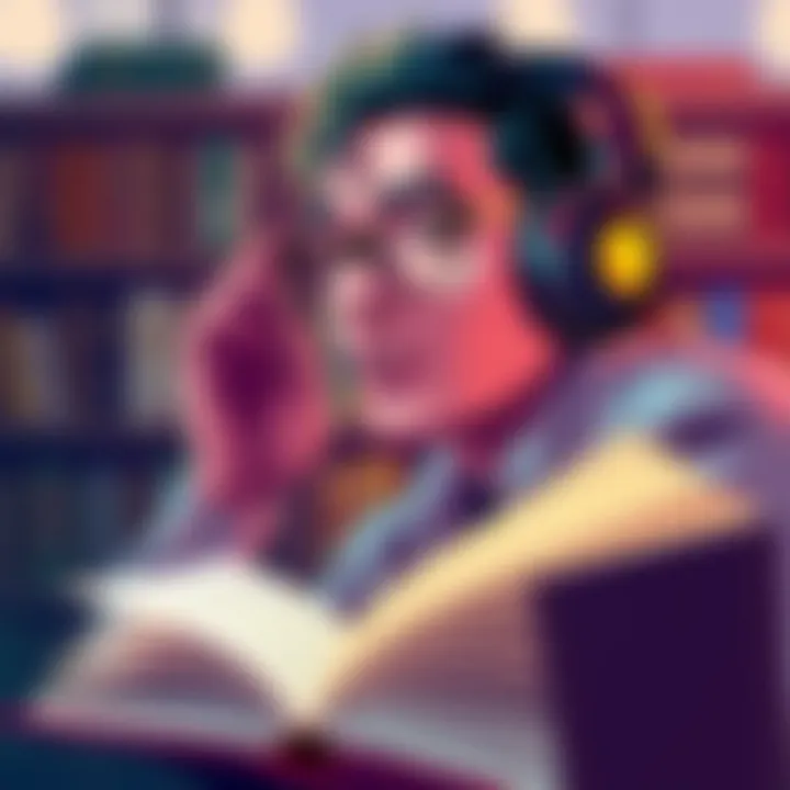 An individual immersed in an audiobook with headphones