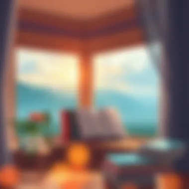 Reflective Leadership Space A serene reading nook with a view, promoting reflection on leadership concepts