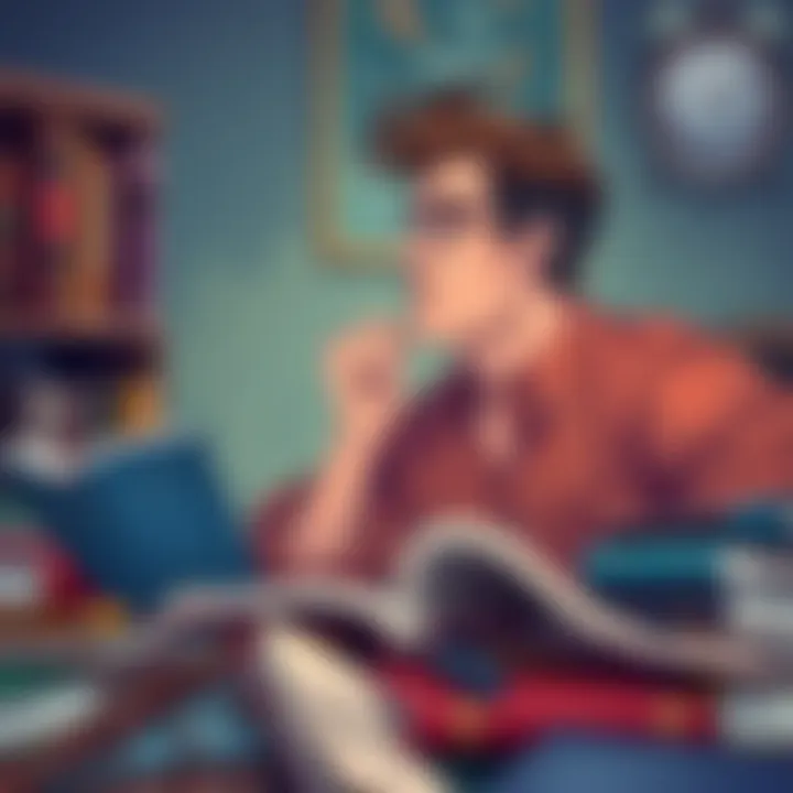 Contemplating Seduction A thoughtful individual reflecting on relationships while surrounded by seduction literature