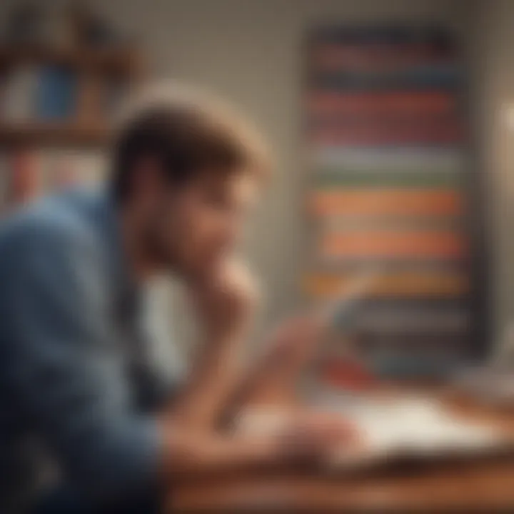 A person pondering over a collection of book summaries, illustrating personal growth through reading.