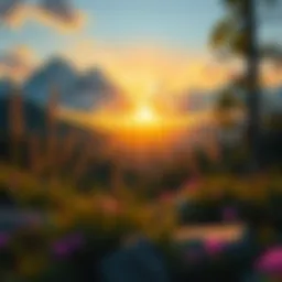 A serene landscape with mountains at sunrise
