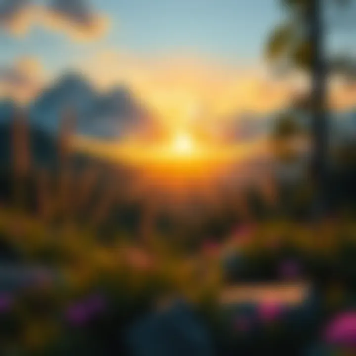 A serene landscape with mountains at sunrise