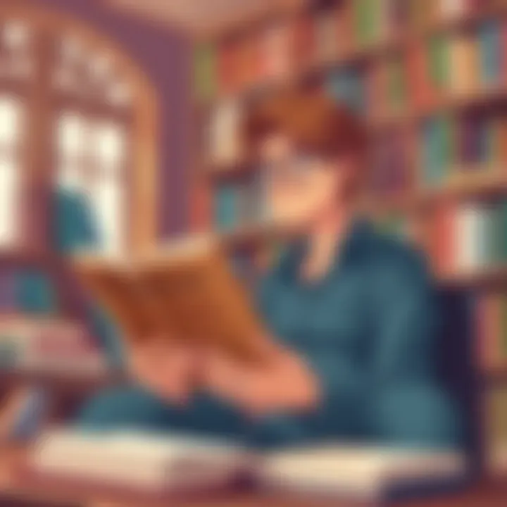 Engaging with Business Literature A thoughtful person reading a classic business book in a cozy library