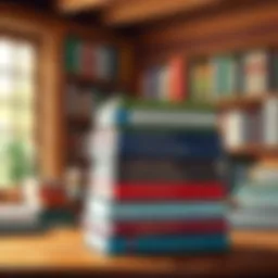 A stack of influential business books stacked on a wooden desk