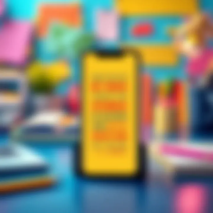 Motivational Workspace A vibrant workspace featuring a phone with motivational quotes