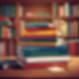 A stack of influential books on a wooden table.