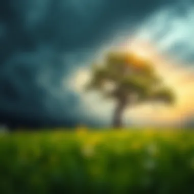A lone tree standing firm against a storm, representing resilience.