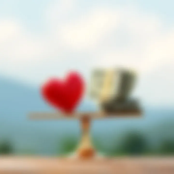 A conceptual illustration of a scale balancing money and a heart, emphasizing the relationship between wealth and emotional well-being.